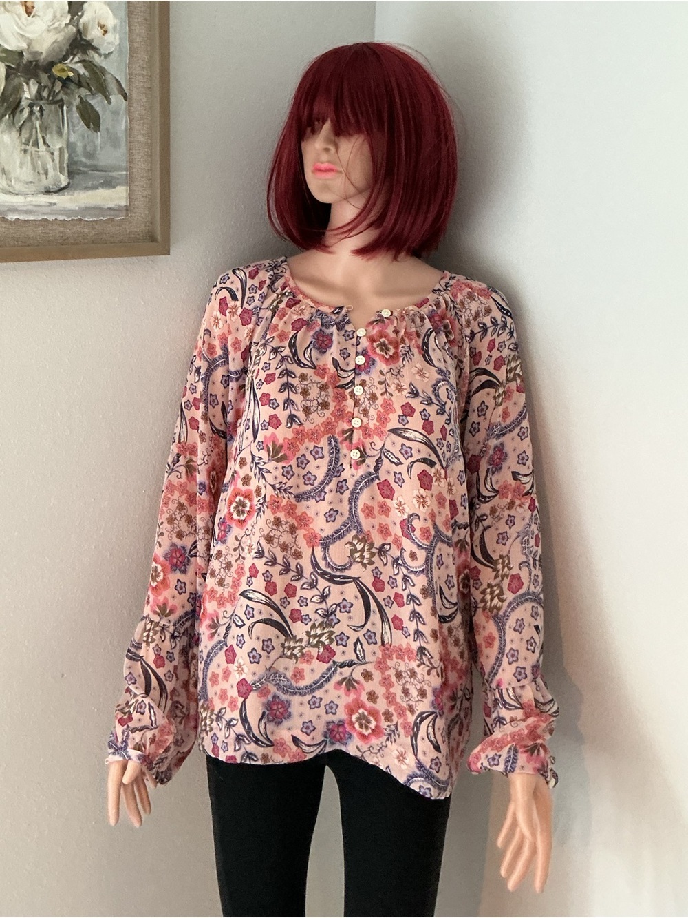 LOFT Pink Floral Henley Blouse with Navy Accents